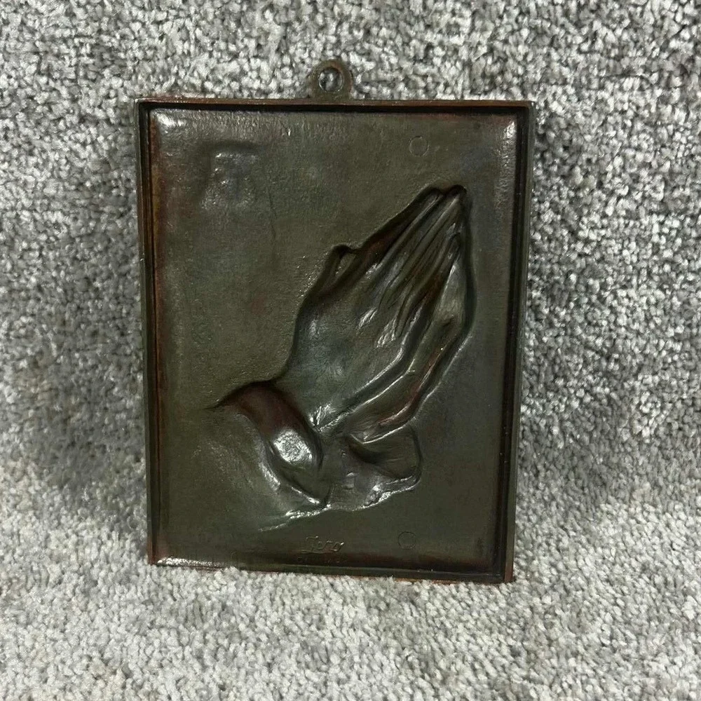 Vintage Praying Hands Metal Wall Plaque Copper Tone Durer Relief Religious Art